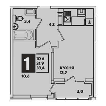 1 комнатная 33.4м²