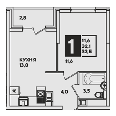 1 комнатная 33.5м²