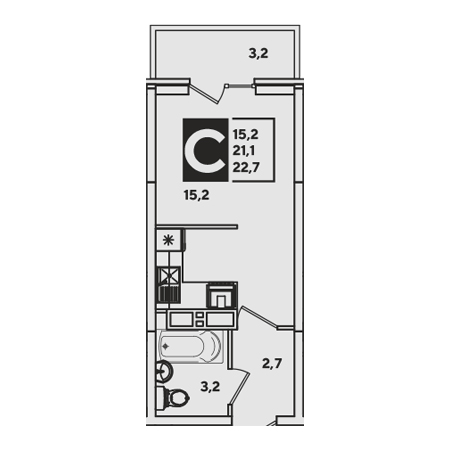 Студия 22.7м²