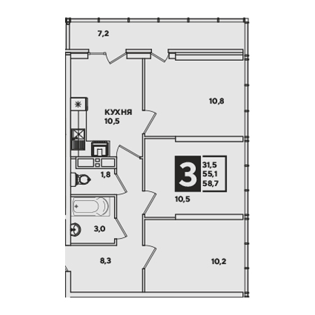 3 комнатная 58.7м²