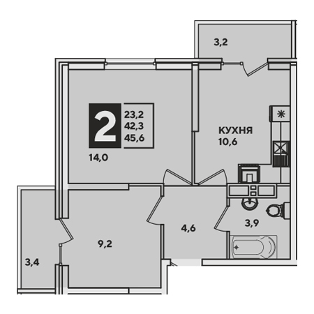 2 комнатная 45.6м²