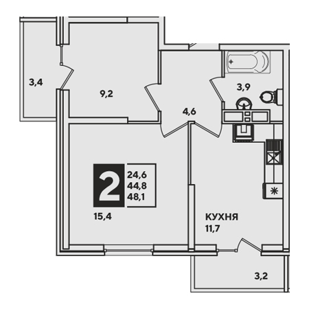 2 комнатная 48.1м²