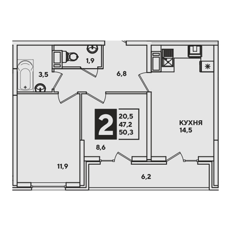 2 комнатная 50.3м²