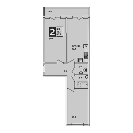 2 комнатная 66.3м²