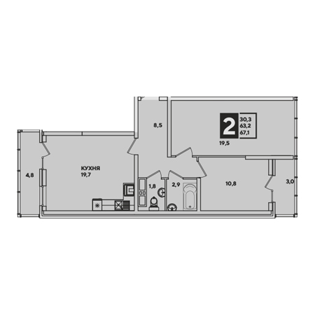 2 комнатная 67.1м²