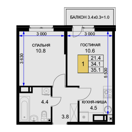 1 комнатная 35.1м²