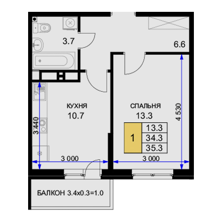 1 комнатная 35.3м²