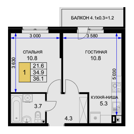 1 комнатная 36.1м²