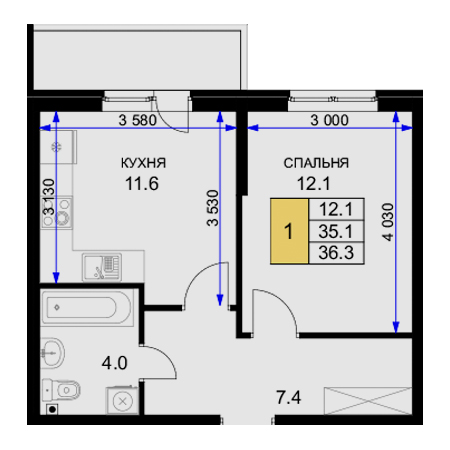 1 комнатная 36.3м²