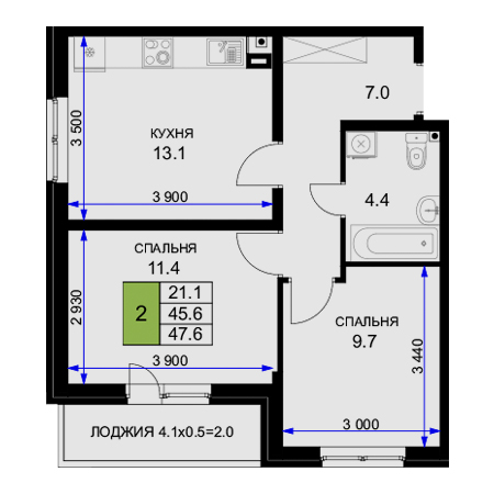 2 комнатная 47.6м²