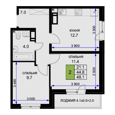 2 комнатная 48.1м²