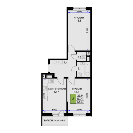 2 комнатная 51.4м²