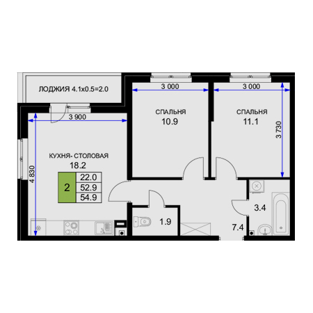 2 комнатная 54.9м²