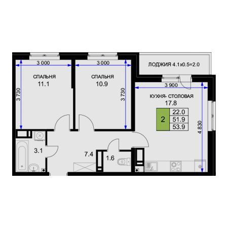 2 комнатная 53.9м²