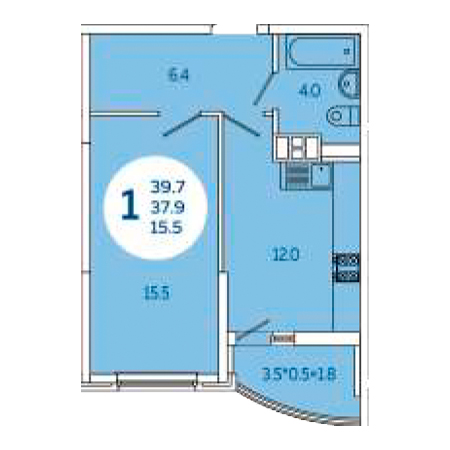 1 комнатная 39.7м²