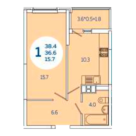 1 комнатная 38.4м²