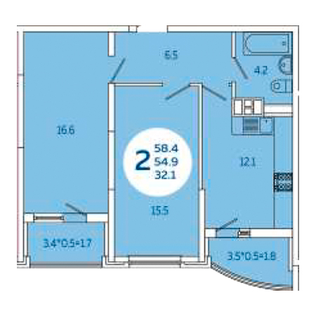 2 комнатная 56.5м²