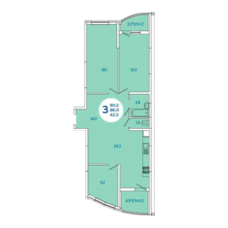 3 комнатная 90.2м²