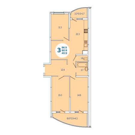 3 комнатная 89.5м²