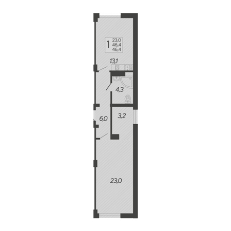 1 комнатная 46.4м²