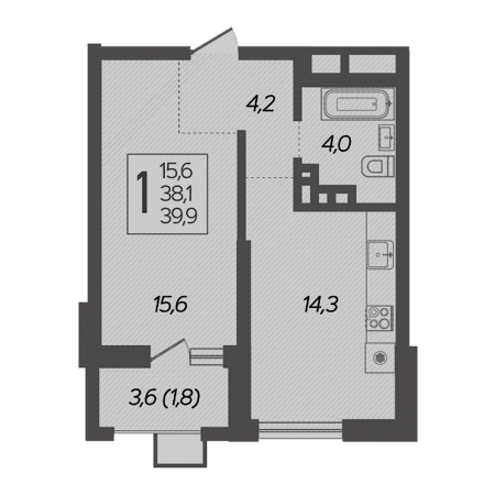 1 комнатная 39.9м²