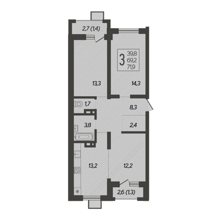 3 комнатная 71.9м²