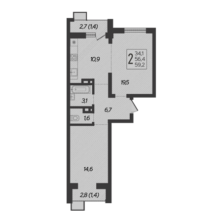 2 комнатная 59.2м²