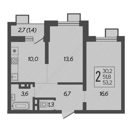 2 комнатная 53.2м²