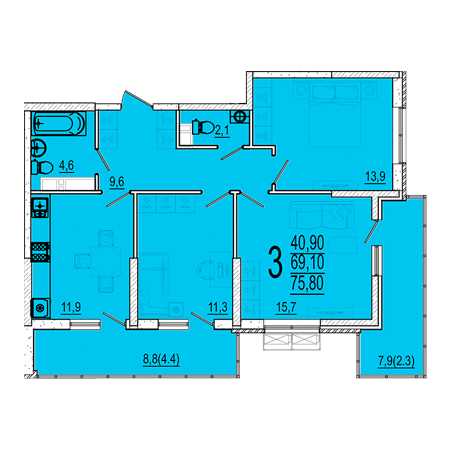 3 комнатная 75.8м²