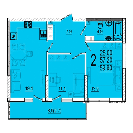 2 комнатная 59.9м²