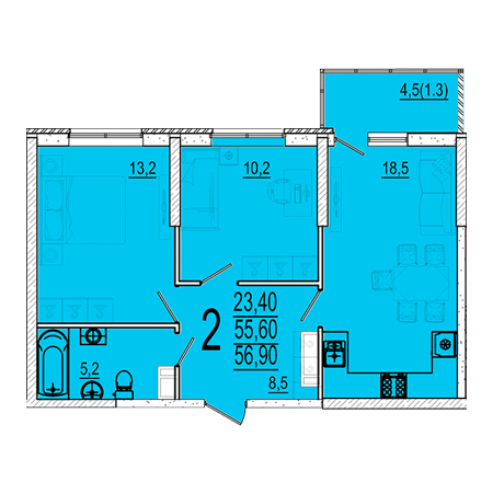 2 комнатная 56.9м²