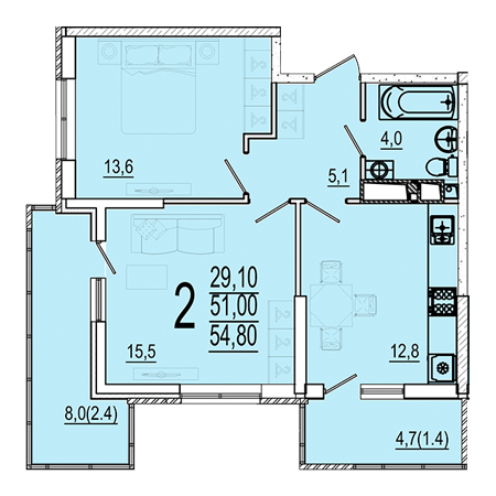 2 комнатная 54.8м²