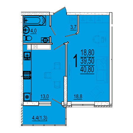 1 комнатная 40.8м²