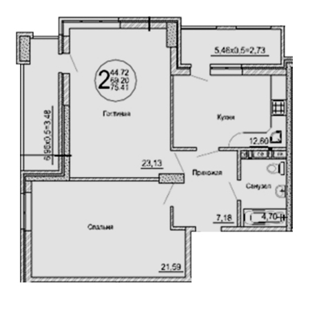 2 комнатная 75.41м²