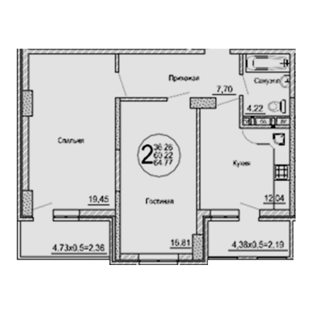 2 комнатная 64.77м²