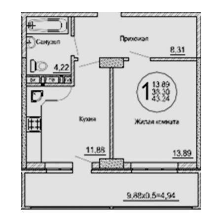 1 комнатная 43.24м²