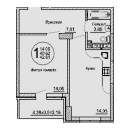 1 комнатная 42.61м²