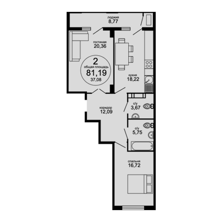 2 комнатная 81.19м²