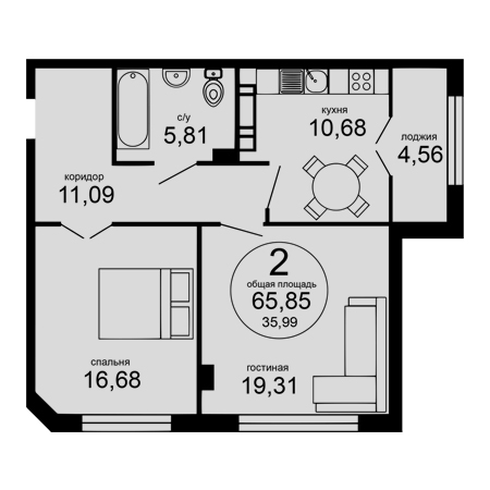 2 комнатная 65.85м²