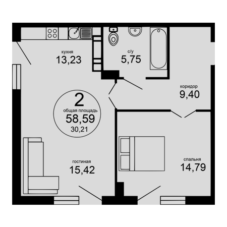 2 комнатная 58.59м²