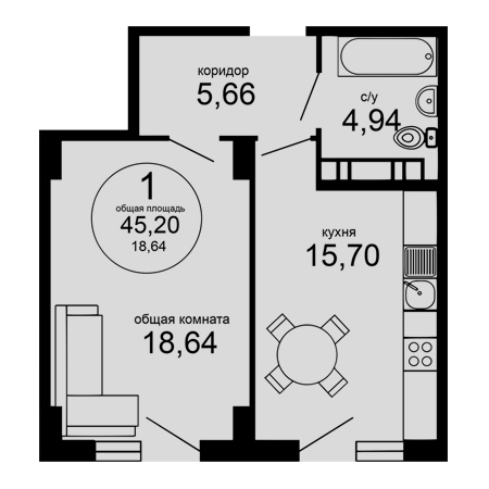 1 комнатная 45.2м²