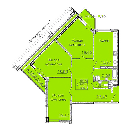 3 комнатная 105.46м²