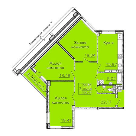 3 комнатная 104.44м²