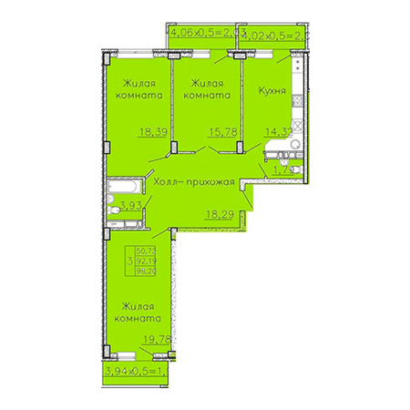 3 комнатная 98.2м²