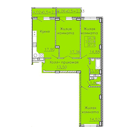 3 комнатная 87.1м²