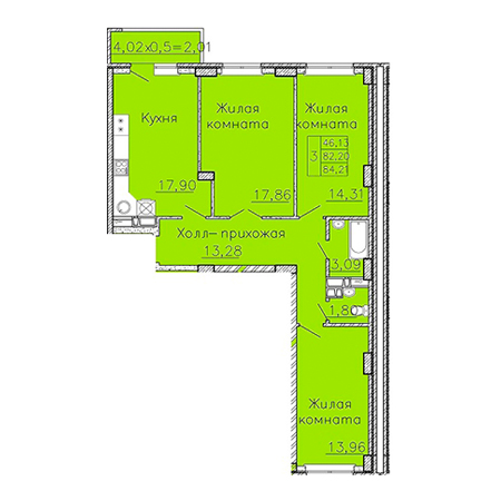 3 комнатная 84.21м²