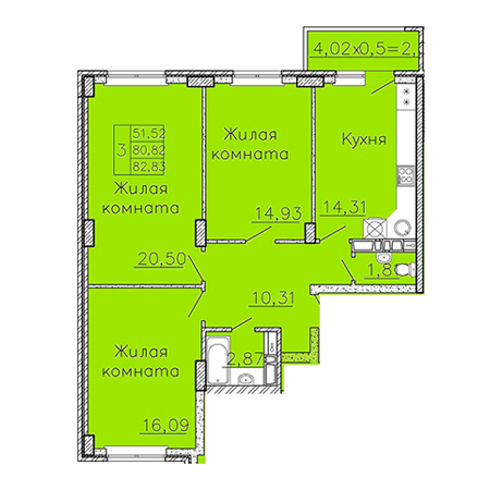 3 комнатная 82.83м²