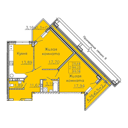 2 комнатная 69.56м²