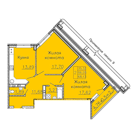 2 комнатная 68.43м²