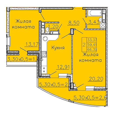 2 комнатная 66.36м²